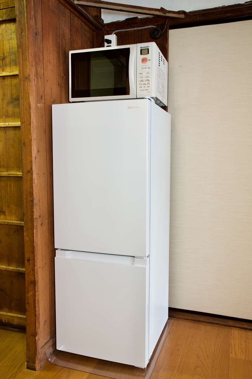 219号室のキッチン、冷蔵庫・電子レンジ